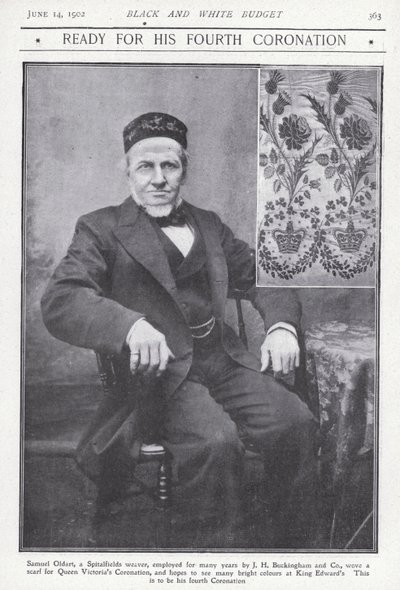 Samuel Oldart, vever fra Spitalfields, London, som vevde et skjerf til kroningen av dronning Victoria (s/hv-bilde) av English Photographer