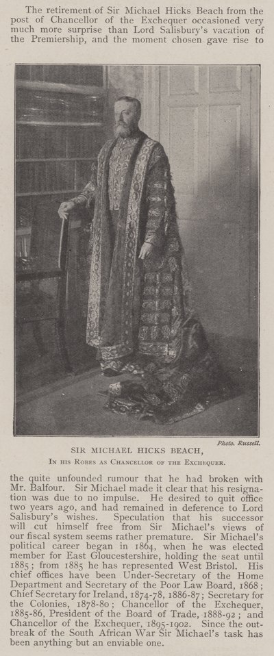 Sir Michael Hicks Beach, i sine kapper som finanskansler av English Photographer