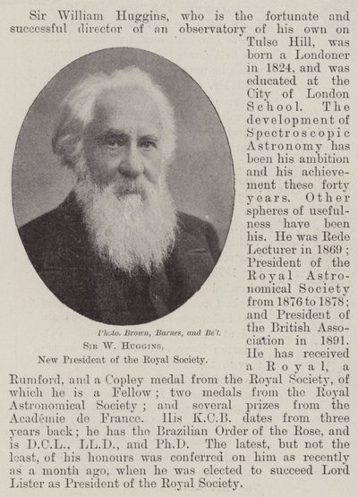Sir W Huggins, ny president i Royal Society av English Photographer