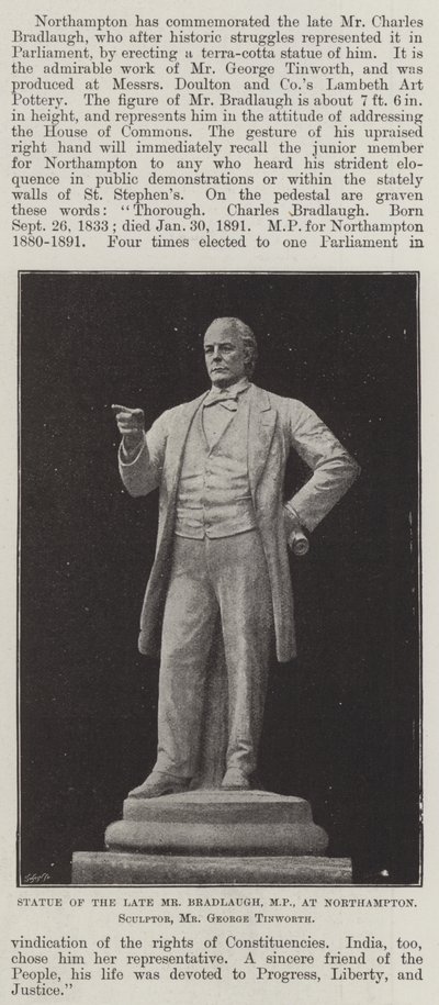 Statue av avdøde Mr Bradlaugh, MP, ved Northampton, skulptør, Mr George Tinworth av English Photographer