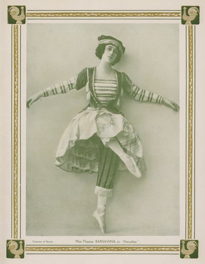 Tamara Karsavina, russisk prima ballerina, i en Ballets Russes-produksjon av Igor Stravinskys ballett Petrushka (s/hv-bilde) av English Photographer