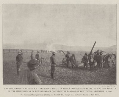 12-punds kanonene til HMS Terrible skyter til støtte for venstre flanke under fremmarsj av den irske brigaden i forsøket på å tvinge gjennom passasjen av Tugela, 15. desember 1899 av English Photographer