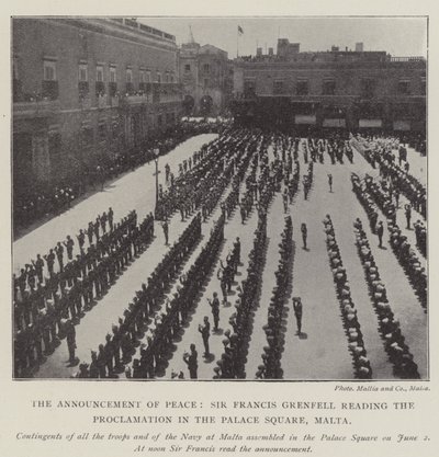 Kunngjøringen om fred, Sir Francis Grenfell leser erklæringen på Palace Square, Malta av English Photographer