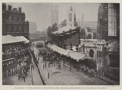Ankomsten av Deres Majesteter til Westminster Abbey, statstreneren tegnet ved døren til annekset av English Photographer