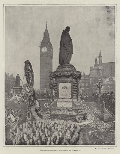 Beaconsfield-statuen, Westminster, på Primrose Day av English Photographer
