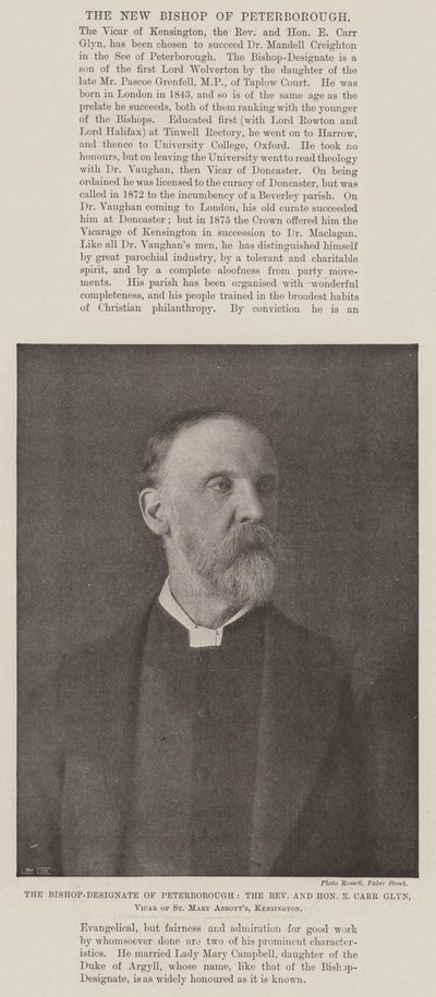 Den utpekte biskopen av Peterborough, pastor og ærede E Carr Glyn, Vicar of St Mary Abbotts, Kensington av English Photographer