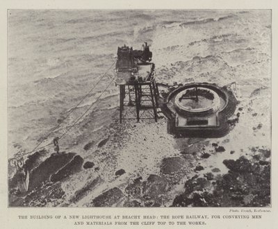 Byggingen av et nytt fyrtårn ved Beachy Head, Rope Railway, for å formidle menn og materialer fra klippetoppen til verkene av English Photographer