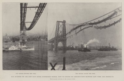 Brenningen av New East River Suspension Bridge, nå under konstruksjon mellom New York og Brooklyn av English Photographer