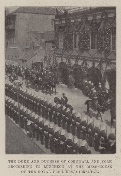 Hertugen og hertuginnen av Cornwall og York fortsetter til lunsj i Mess-House of the Royal Fusiliers, Gibraltar av English Photographer