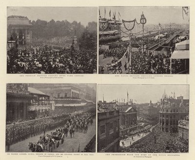 De utenlandske prinsene passerer Hyde Park Corner, Sir Wilfrid Laurier, GCMG, Canadas premier, og Colonial Escort i Pall Mall, Naval Brigade krysser London Bridge, prosesjonen fra Roof of the av English Photographer