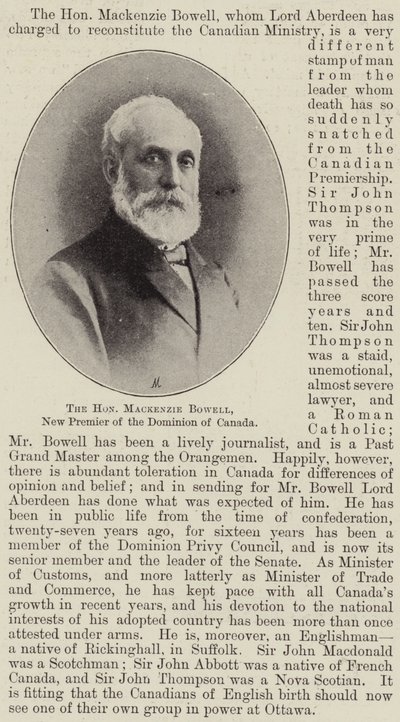 Den ærede Mackenzie Bowell, ny premier for Dominion of Canada av English Photographer