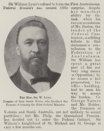 Den ærede Sir W Lyne, premier i New South Wales, som avslo æren av å danne det første føderale departementet av English Photographer