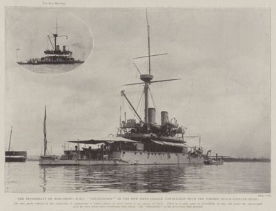 The Invisibility of War-Ships, HMS Devastation i den nye grå fargen i kontrast til det tidligere svartmalte skroget av English Photographer