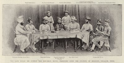 Den avdøde Rajah Sir Gunpat Rao Khudkay, KCSI, presiderer over Council of Regency, Gwalior, India av English Photographer