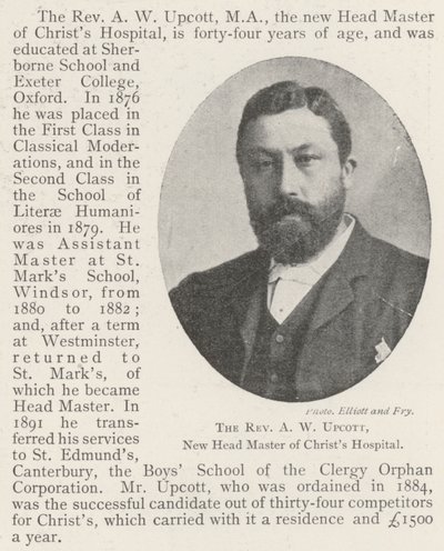 Pastor A W Upcott, ny sjefmester ved Christs Hospital av English Photographer