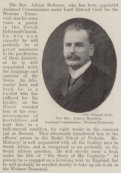 Pastor Adrian Hofmeyr, assisterende kommissær, Western Transvaal av English Photographer