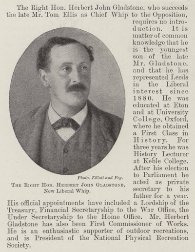 Høyre ærede Herbert John Gladstone, New Liberal Whip av English Photographer