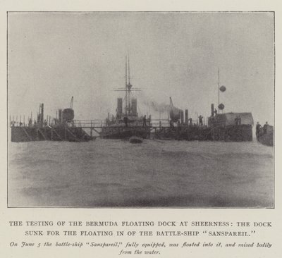 Testingen av Bermuda flytebrygge ved Sheerness, dokken senket for flytende inn av Battle-Ship Sanspareil av English Photographer