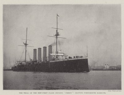 Rettsaken mot den nye førsteklasses cruiseren Cressy, forlater Portsmouth havn av English Photographer
