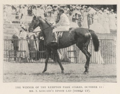 Vinneren av Kempton Park Stakes, 11. oktober, Mr T Kincaids Epsom Lad (Gomez opp) av English Photographer