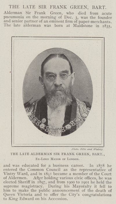 Den avdøde rådmannen Sir Frank Green, Baronet, eks-Lord Mayor of London av English Photographer