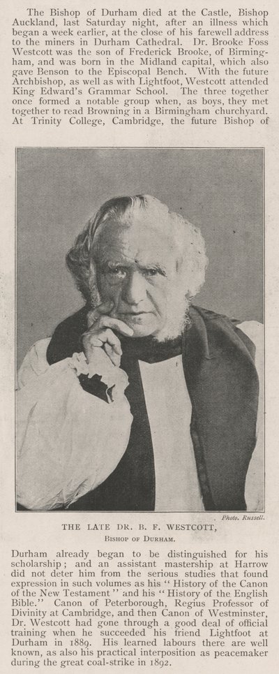 Avdøde Dr B F Westcott, biskop av Durham av English Photographer