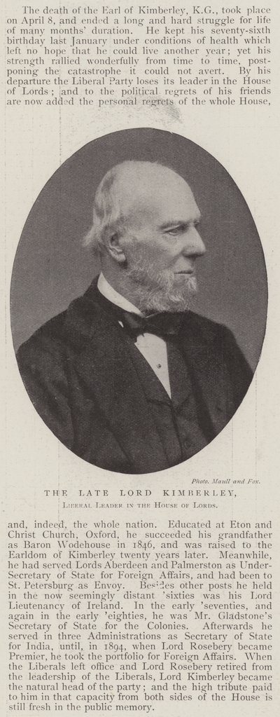 Avdøde Lord Kimberley, liberal leder i House of Lords av English Photographer