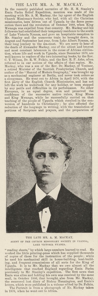 Avdøde Mr A M Mackay, agent for Kirkens misjonsselskap i Uganda, Victoria-sjøen Nyanza av English Photographer