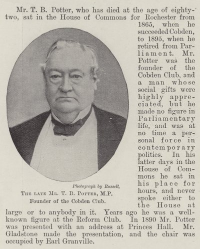 Avdøde Mr TB Potter, MP, grunnlegger av Cobden Club av English Photographer