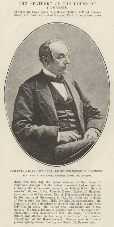 Avdøde herr Talbot, far til Underhuset, MP for Mid-Glamorganshire fra 1830 til 1890 av English Photographer