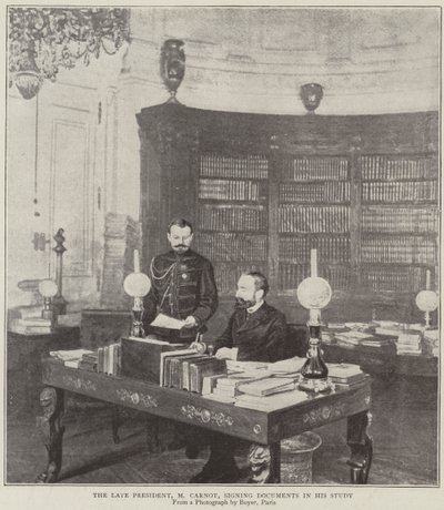 Den avdøde presidenten, herr Carnot, signerer dokumenter i sin studie av English Photographer
