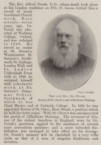 Avdøde pastor Dr. Povah, rektor ved St Olaves and Allhallows Staining av English Photographer