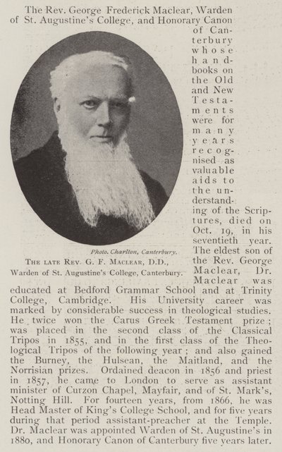 Avdøde pastor GF Maclear, DD, Warden of St Augustines College, Canterbury av English Photographer