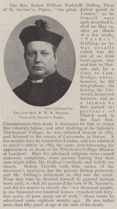 Avdøde pastor R W R Dolling, Vicar of St Saviours, Poplar av English Photographer