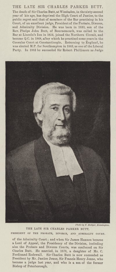 Avdøde Sir Charles Parker Butt, president for skifte-, skilsmisse- og admiralitetsdomstolen av English Photographer