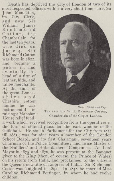 Avdøde Sir W J Richmond Cotton, Chamberlain i City of London av English Photographer
