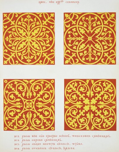 1200-talls flisdesign, illustrasjon fra Specimens of Tile Pavements, tegnet fra eksisterende myndigheter, av Henry Shaw, 1858 av English School