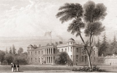 1800-tallsutsikt over Goodwood House, West Sussex, Sør-England. Fra Churtons Portrait and Lanscape Gallery, utgitt 1836. av English School