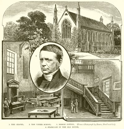 1. Kapellet. 2. Overskolen. 3. Biskop Cotton. 4. Trapp i Gamlehuset av English School