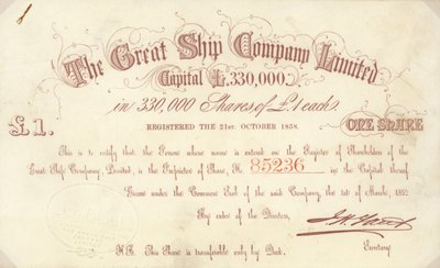 Et aksjesertifikat på £1 utstedt av The Great Ship Company Limited av English School