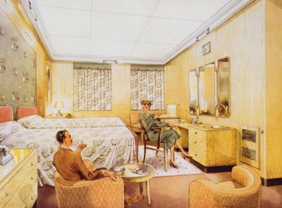 Et soverom ombord på RMS Caronia, ca. 1950 av English School