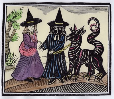 En svart og en hvit heks med et djeveldyr, illustrasjon fra en samling kapittelbøker om esoterica (senere fargelegging) av English School