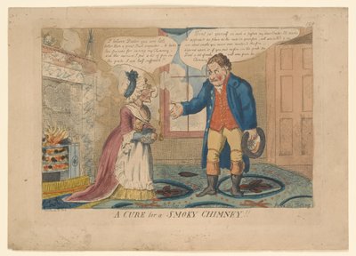 A CURE for a SMOKY CHIMSTEY!!, tegnet av G. M. Woodward, 1808 (håndfarget gravering) av English School