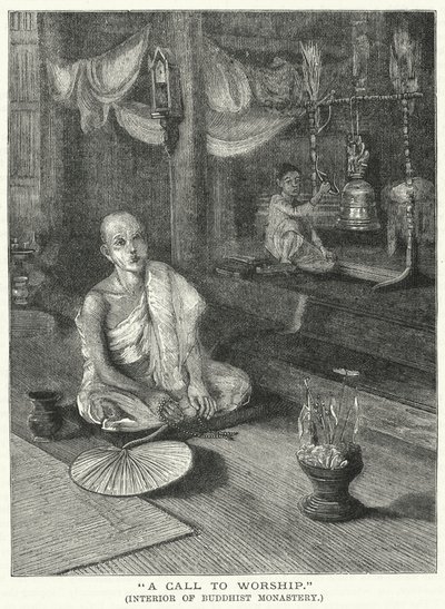 "Et kall til tilbedelse," interiøret i buddhistklosteret (gravering) av English School