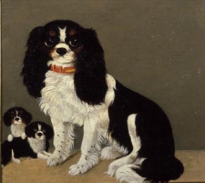 En Cavalier King Charles Spaniel med valper (par 64046) av English School