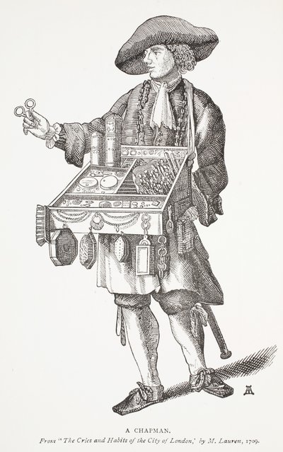 A Chapman, fra The Cries and Habits of the City of London av M. Lauren, 1709, frontispice-illustrasjon fra Chap-books of the Eighteenth Century av John Ashton, pub. 1882 av English School