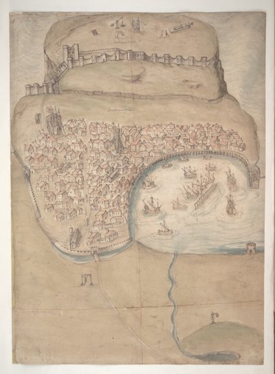 En farget plan eller fugleperspektiv av Scarborough Town og Castle av English School