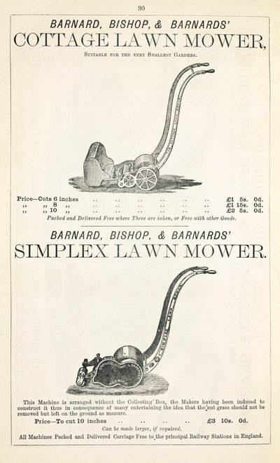 A Cottage and Simplex gressklipper, illustrasjon fra en hagekatalog, utgitt av Barnard Bishop & Barnard, 1878 av English School