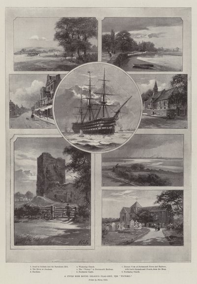 En sykkeltur rundt Nelsons flaggskip, "Victory" (litho) av English School