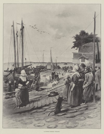 En nederlandsk fiskelandsby (litho) av English School